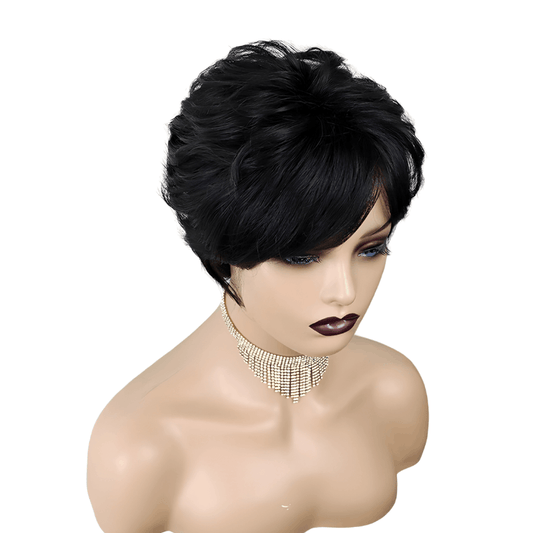 Black wig on a mannequin head with a white background