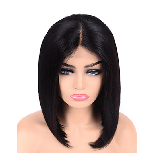 Black wig on a mannequin head with a white background