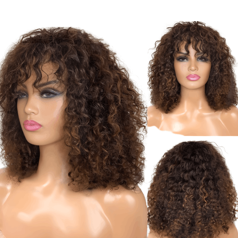 Brown curly wig displayed on a mannequin head with close-up views.