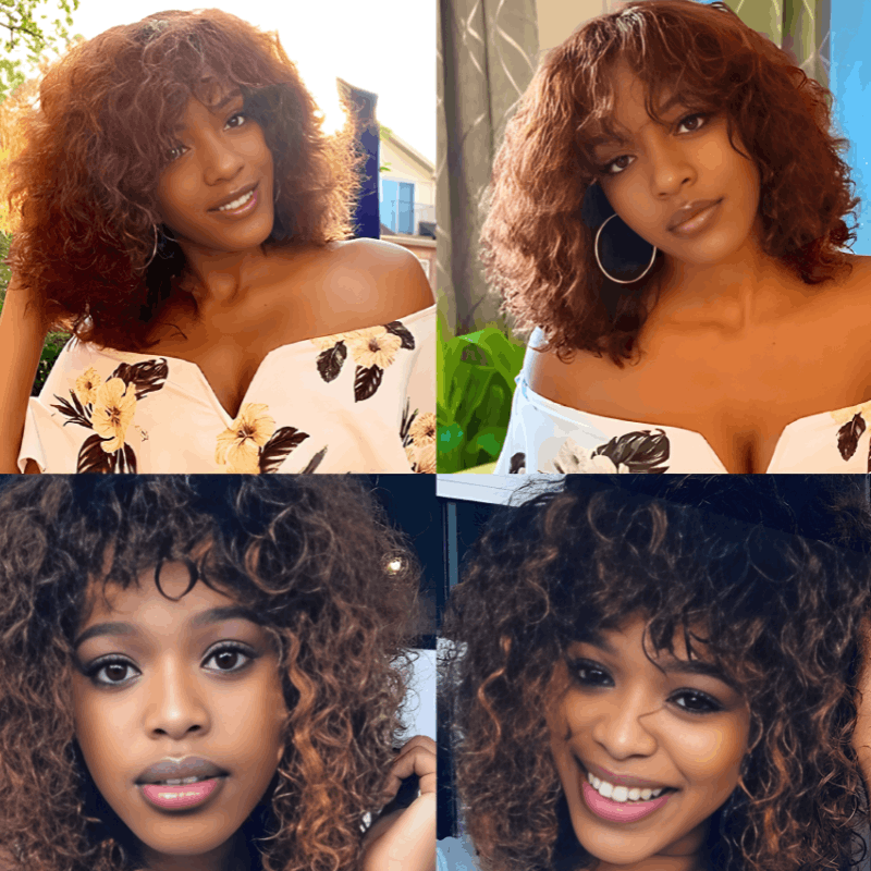 Collage of four images featuring a woman with curly hair in different settings.